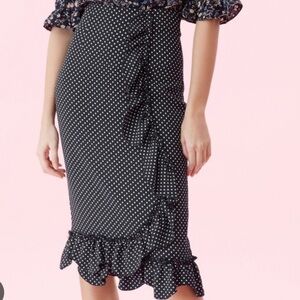 Rebecca Taylor Navy and Pink Polka Dot Ruffle Pencil Skirt